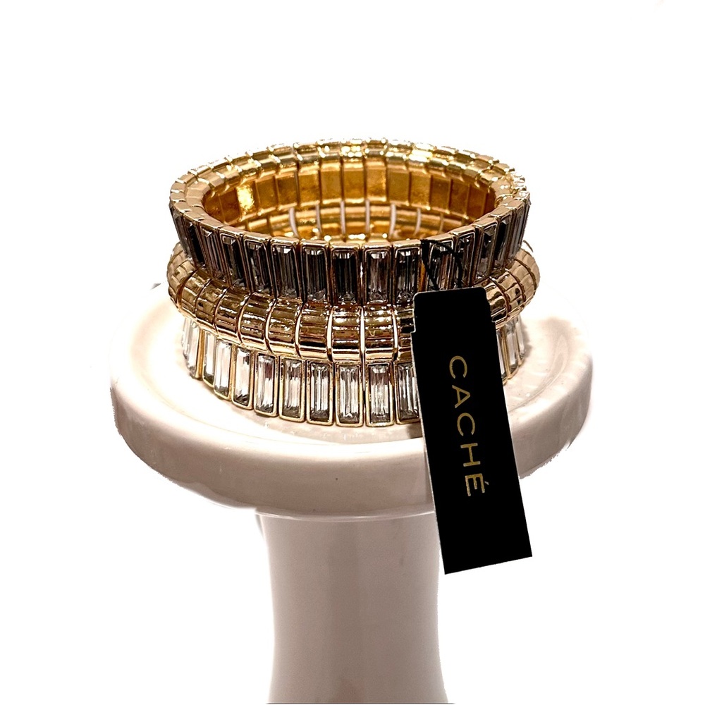 CACHE Golden Baguette Crystal Elastic Statement Bracelet NWT